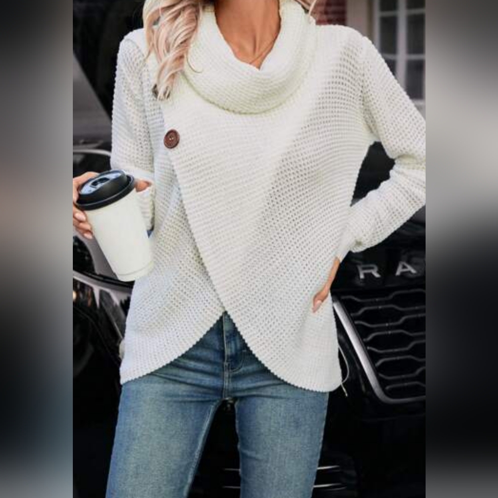 Kate and Sam Overlap Sweater  WomensIvory Cowl Neck  XXL Waffle Knit Cape Split
